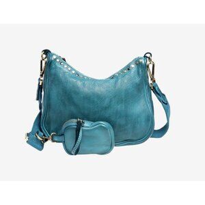 Stylish Teal Bolsa Nova Italian Leather Crossbody Hobo Bag w Mini Pouch $260